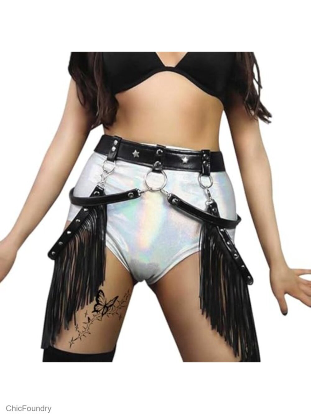 Women's PU Leather Body Harness Belt with Fringe Tassels Gothic Cowgirl Waist